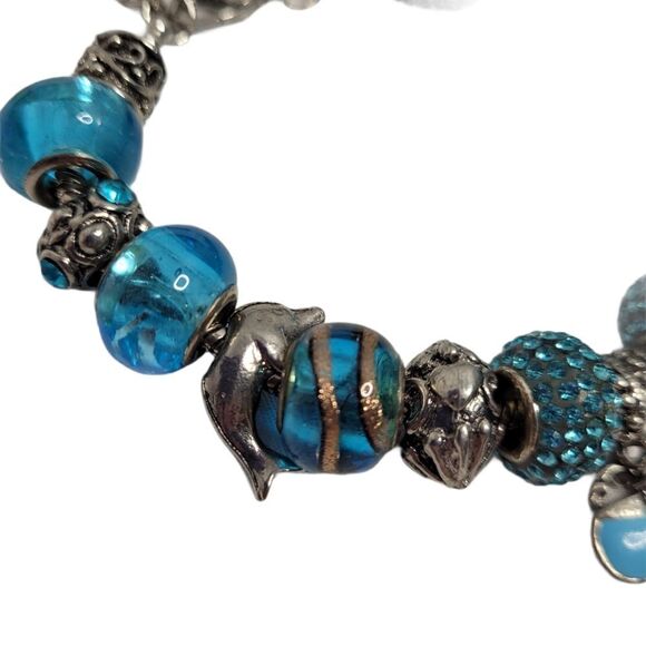 SILVER bracelet blue rhinestone beach theme clasp charm - Picture 2 of 7